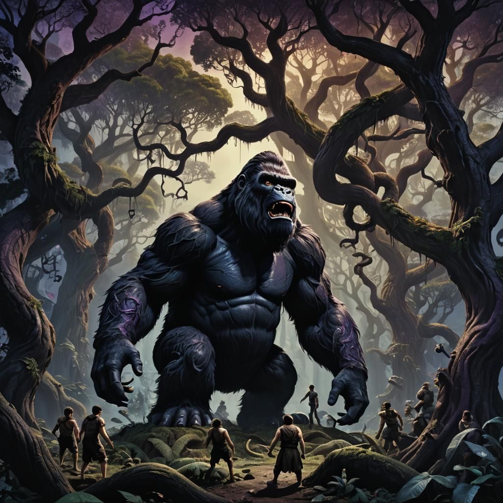 King Kong with Crown in Dark Fantasy Landscape