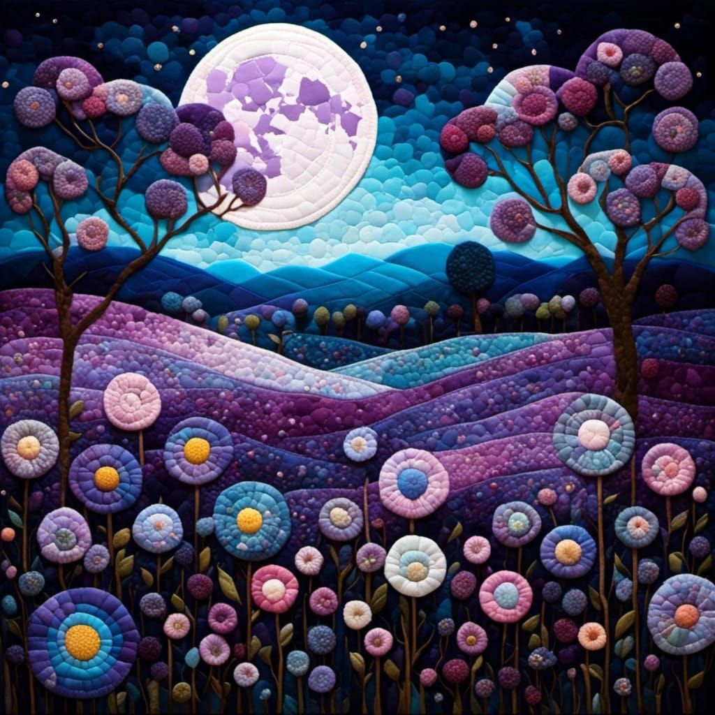 Purple Wildflower Field Under a Quilted Moon