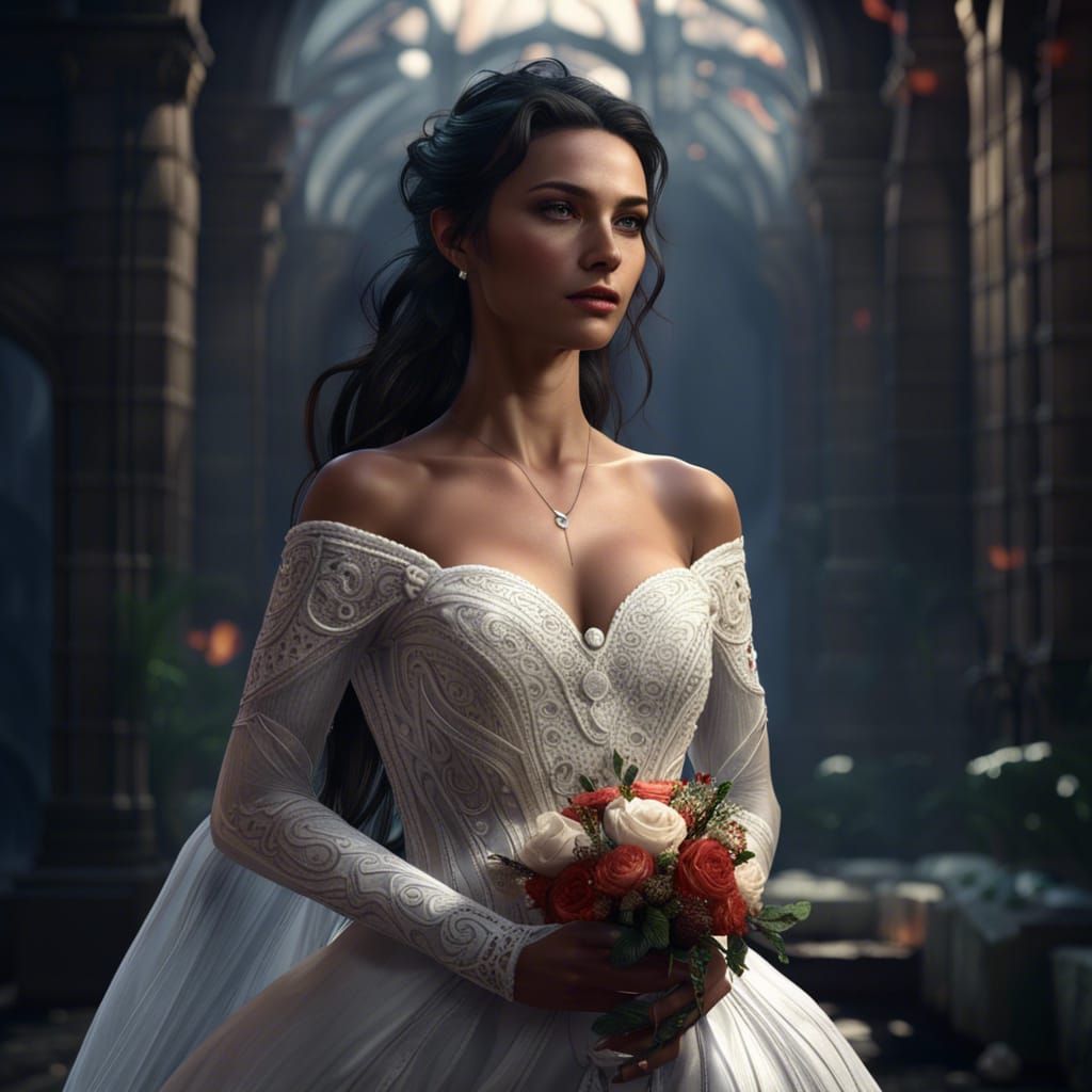 Fantastical Bride in White Wedding Dress: Detailed Matte Pai...