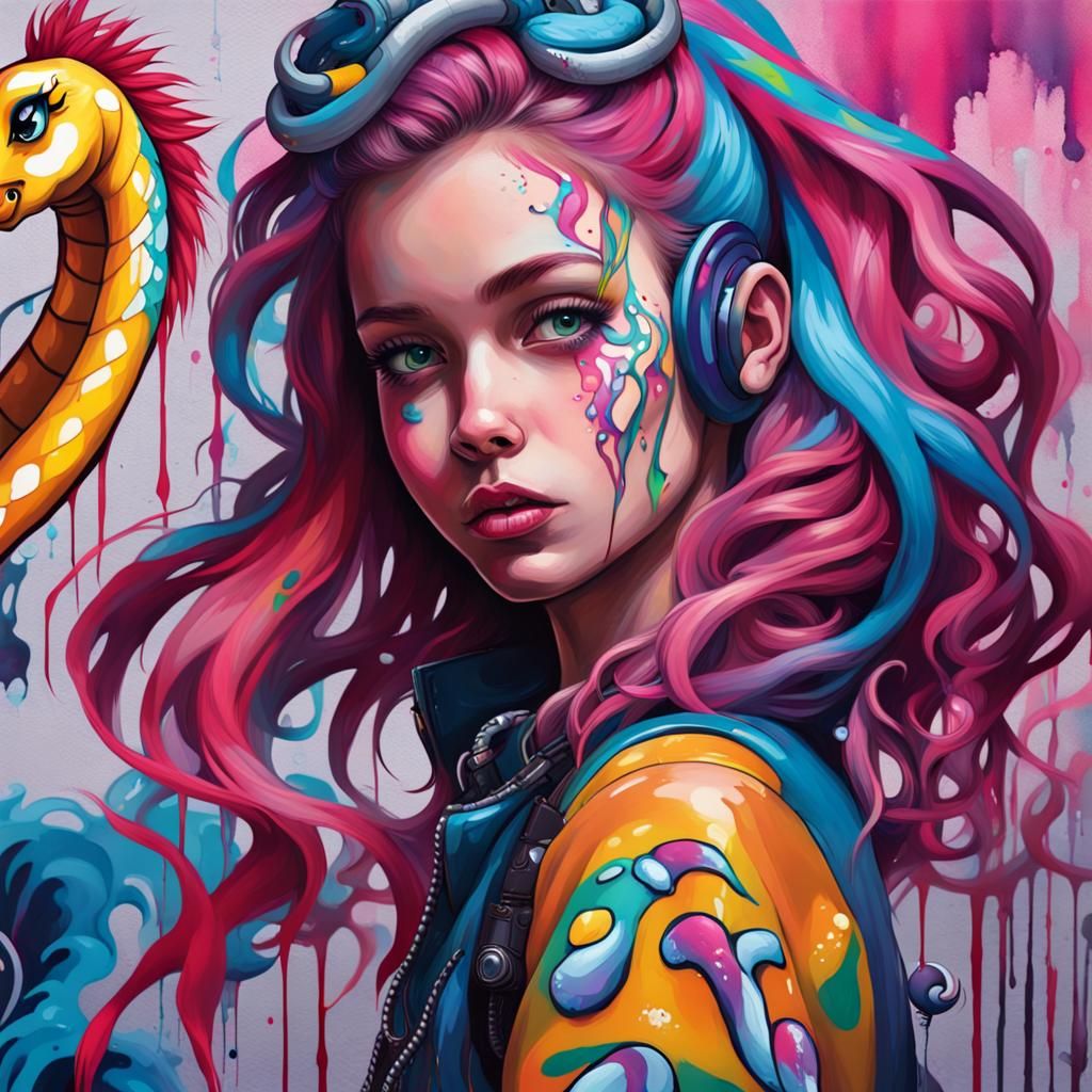 Girl with Snake Hair Riding a Pony: Graffiti Art