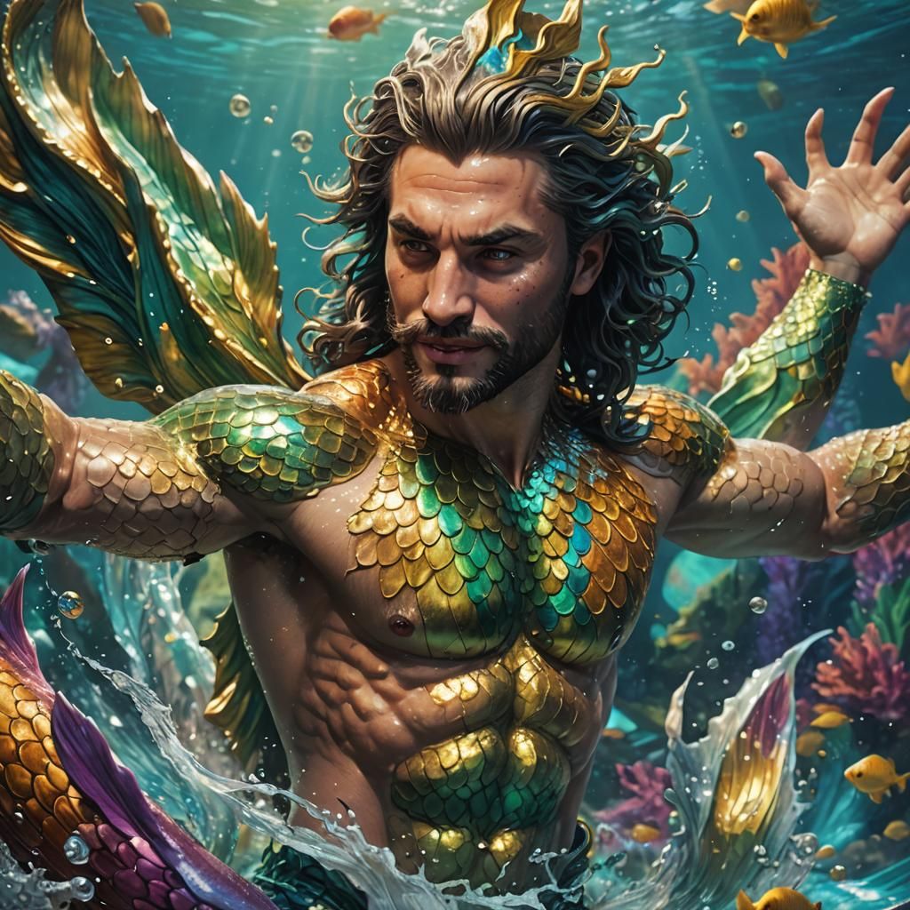 Alluring Merman in Hyperrealistic Splash Art