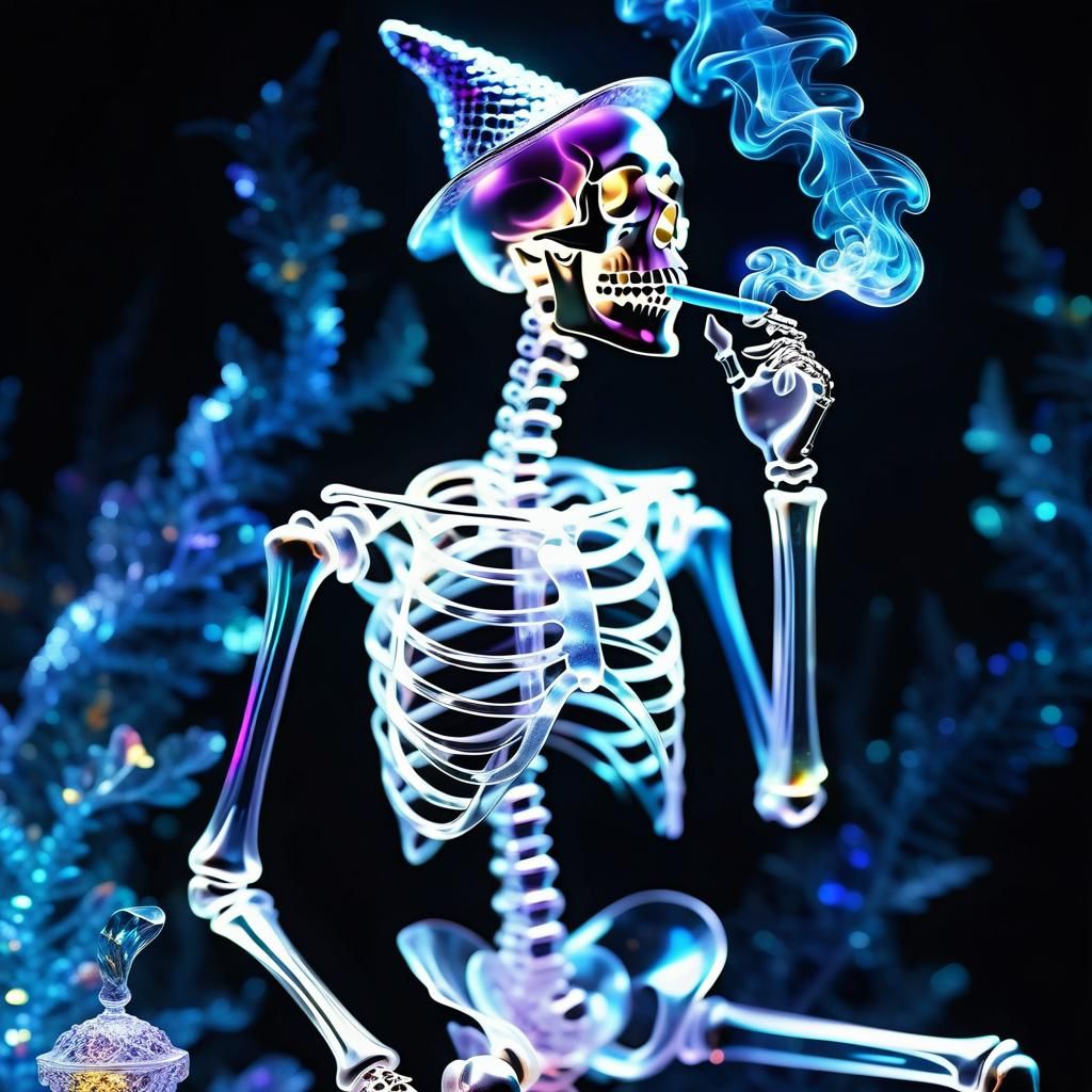 Crystal Skeleton Smoking Cigar in Opalescent Light