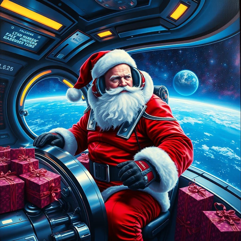 Santa Claus Commands Spaceship in Hyperrealistic Style