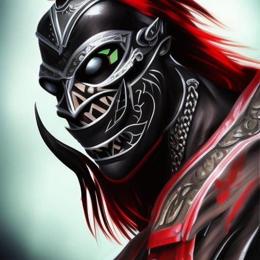 Hyperrealistic Black Mask Warrior in Splash Art Style