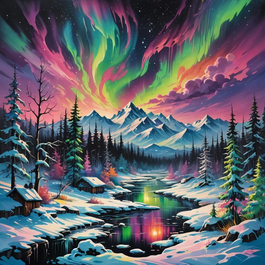 Auroras Over Winter Landscape in Graffiti Art Style