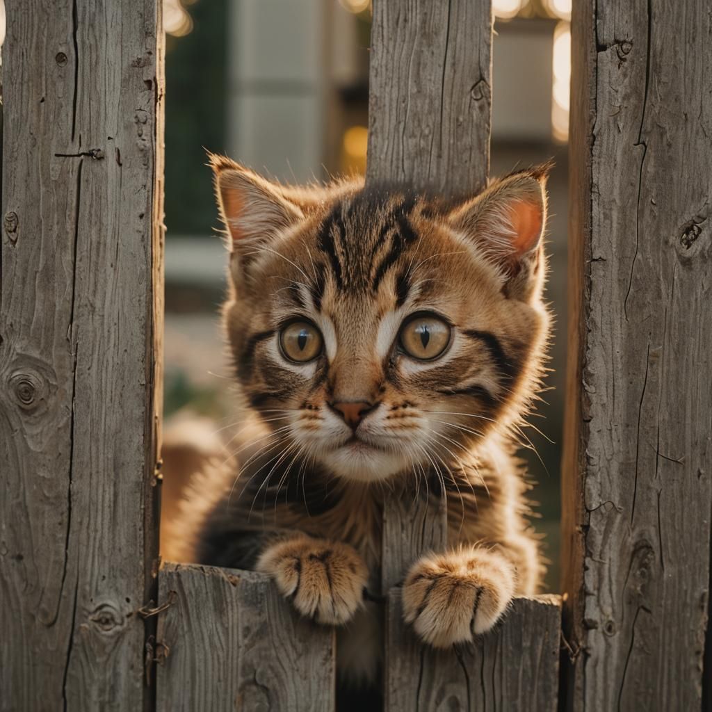 Kitten Peeks Through Fence in Cinematic Lighting