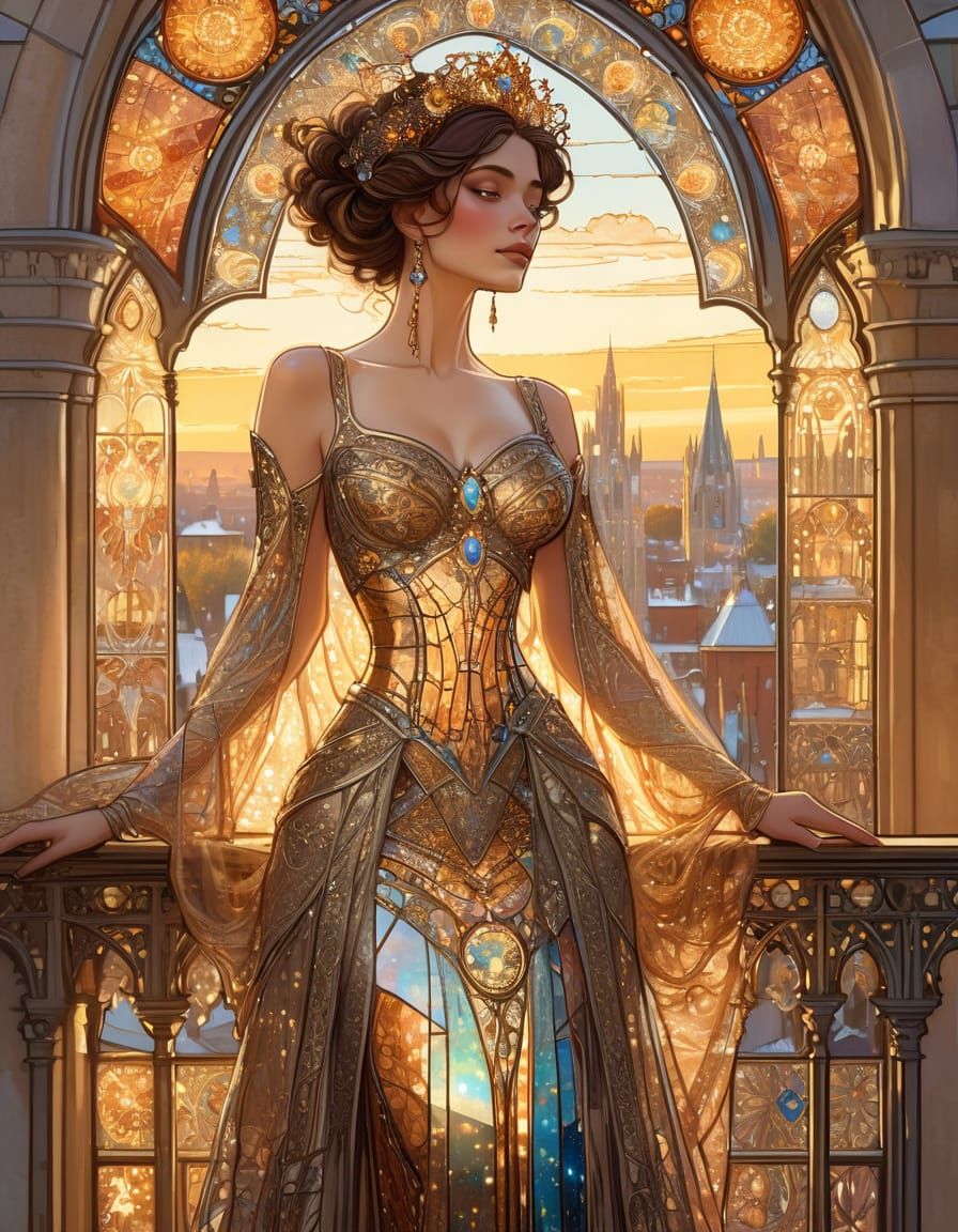 Regal Queen in Stained Glass Gown Overlooking Medieval City