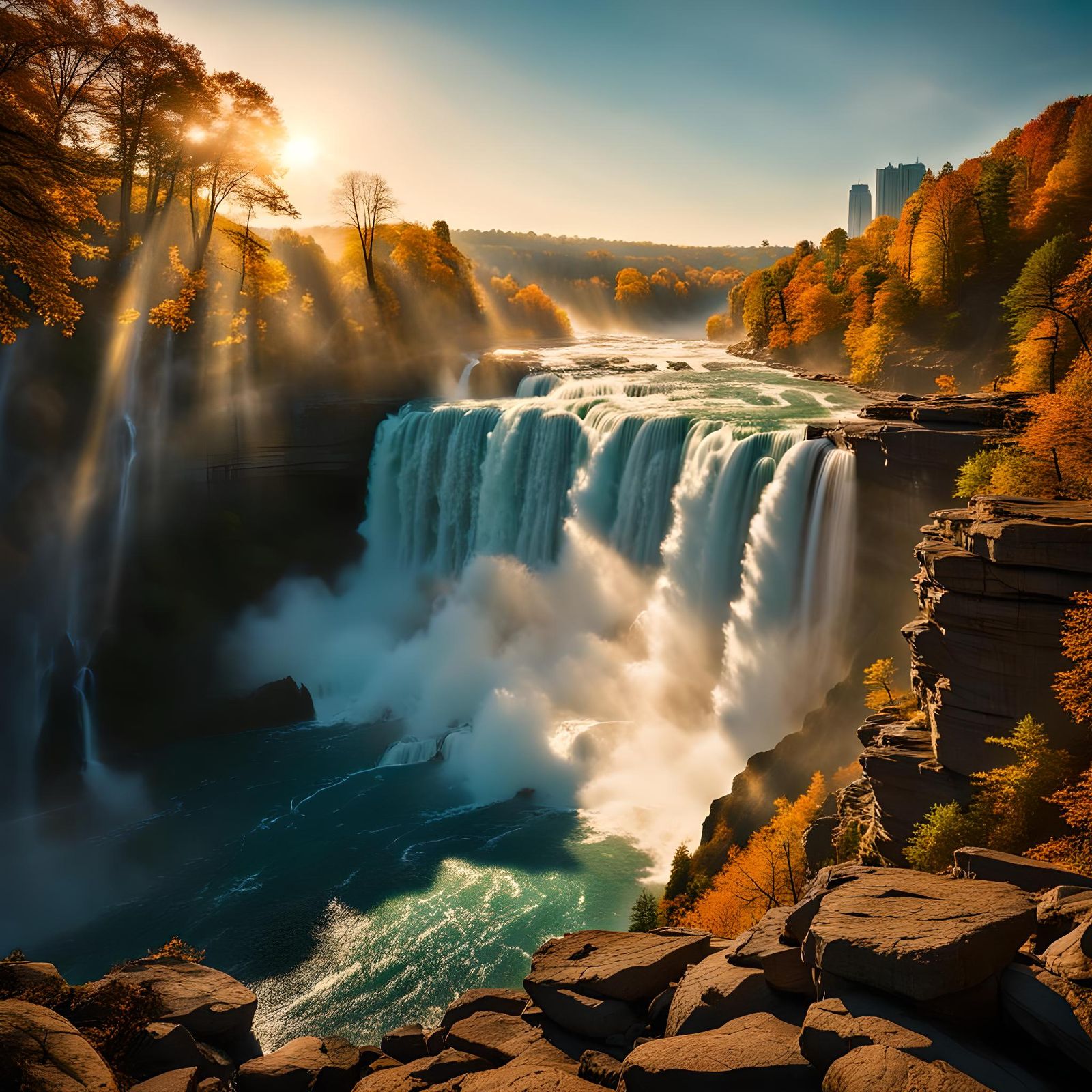Majestic Waterfall in Urban Landscape: Cinematic Photography
