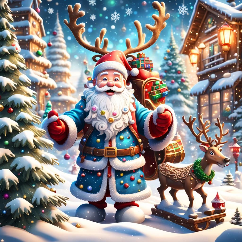 Joyful Santa Claus and Reindeer in Winter Wonderland