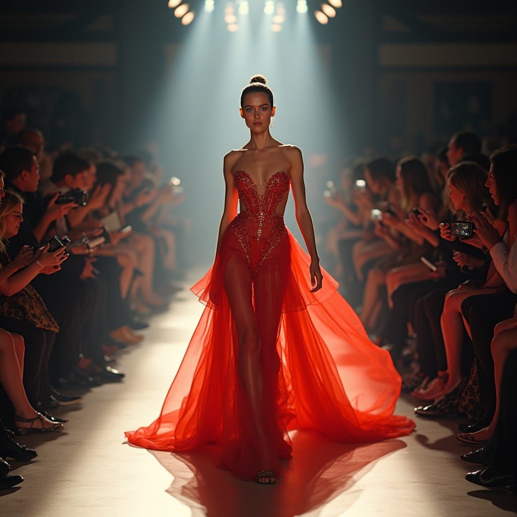 Glamorous Fashion Model Struts on Catwalk in Vibrant Colors