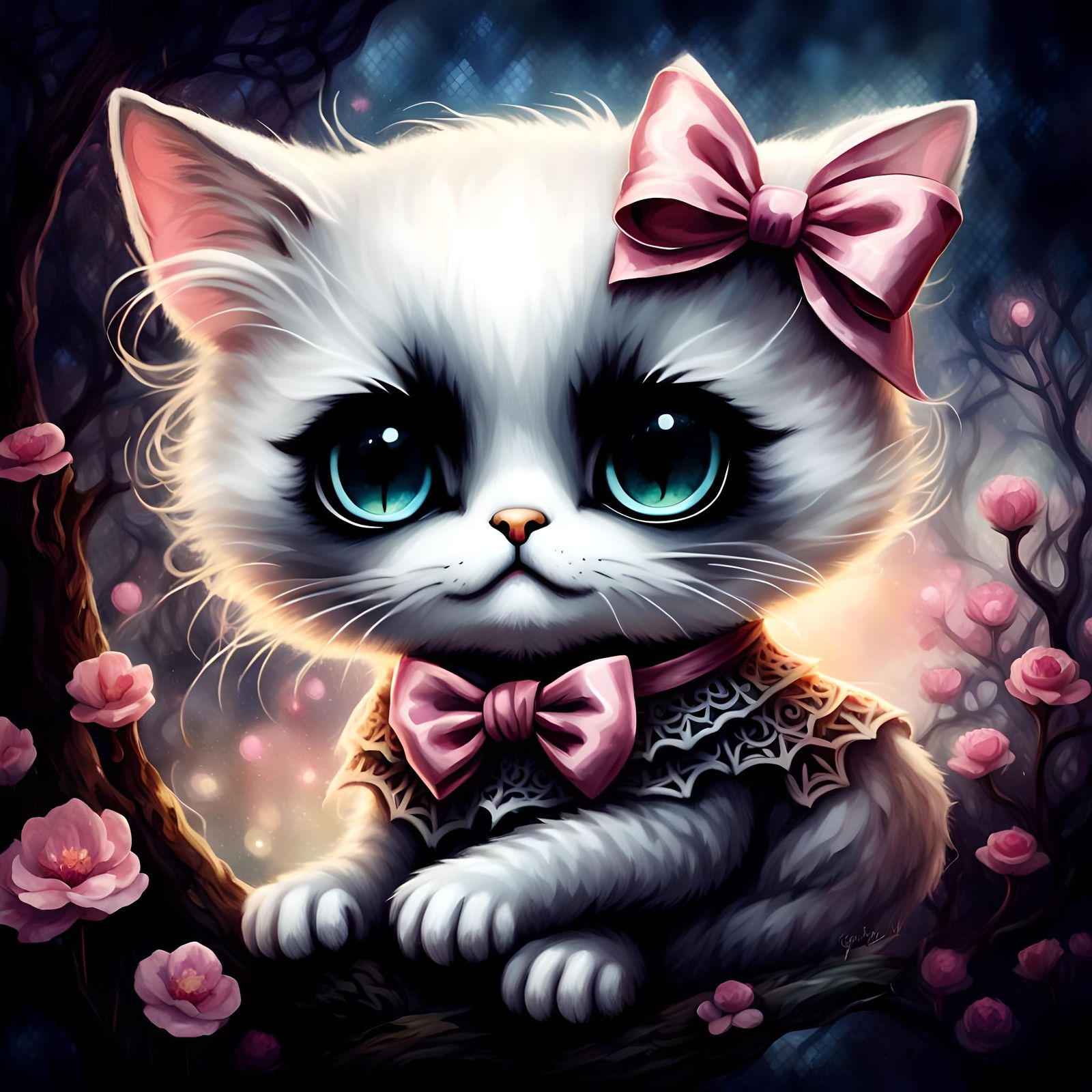 A cute white kitten with large expressive eyes and a little pink bow on its head, in a whimsical and surreal art style w...