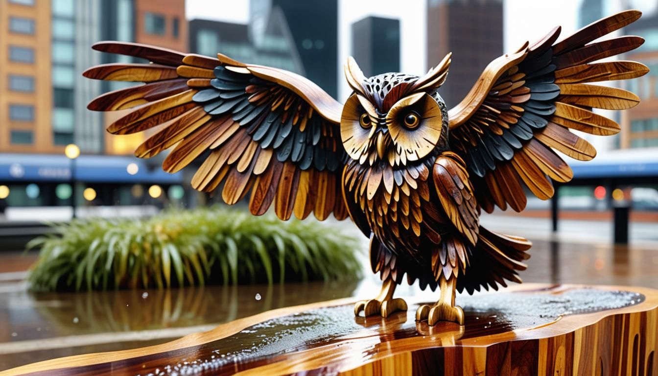 Hyperrealistic Wood Owl Sculpture After Rain