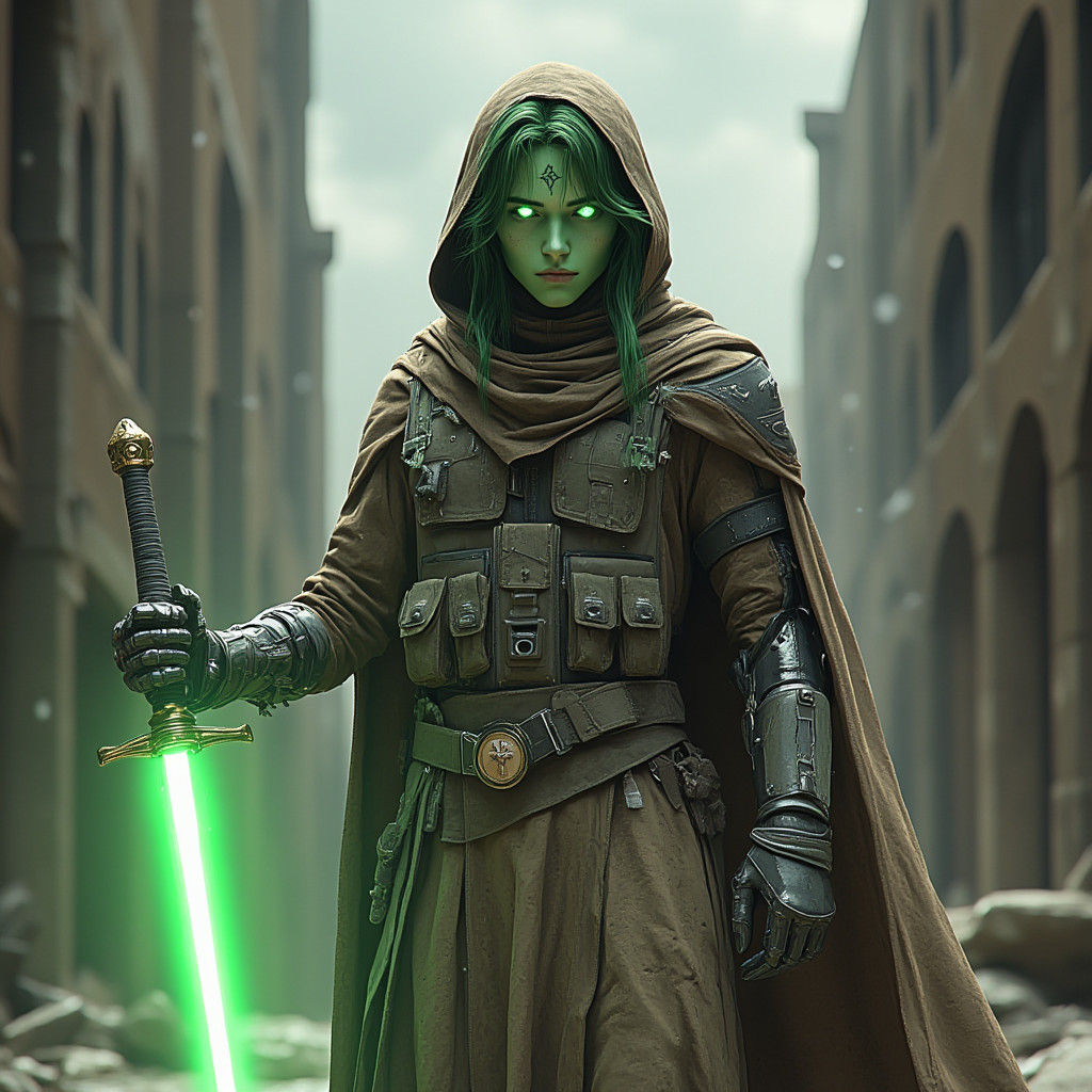 Mirialan Teenager in Dystopian Cityscape, Cel-Shaded Style