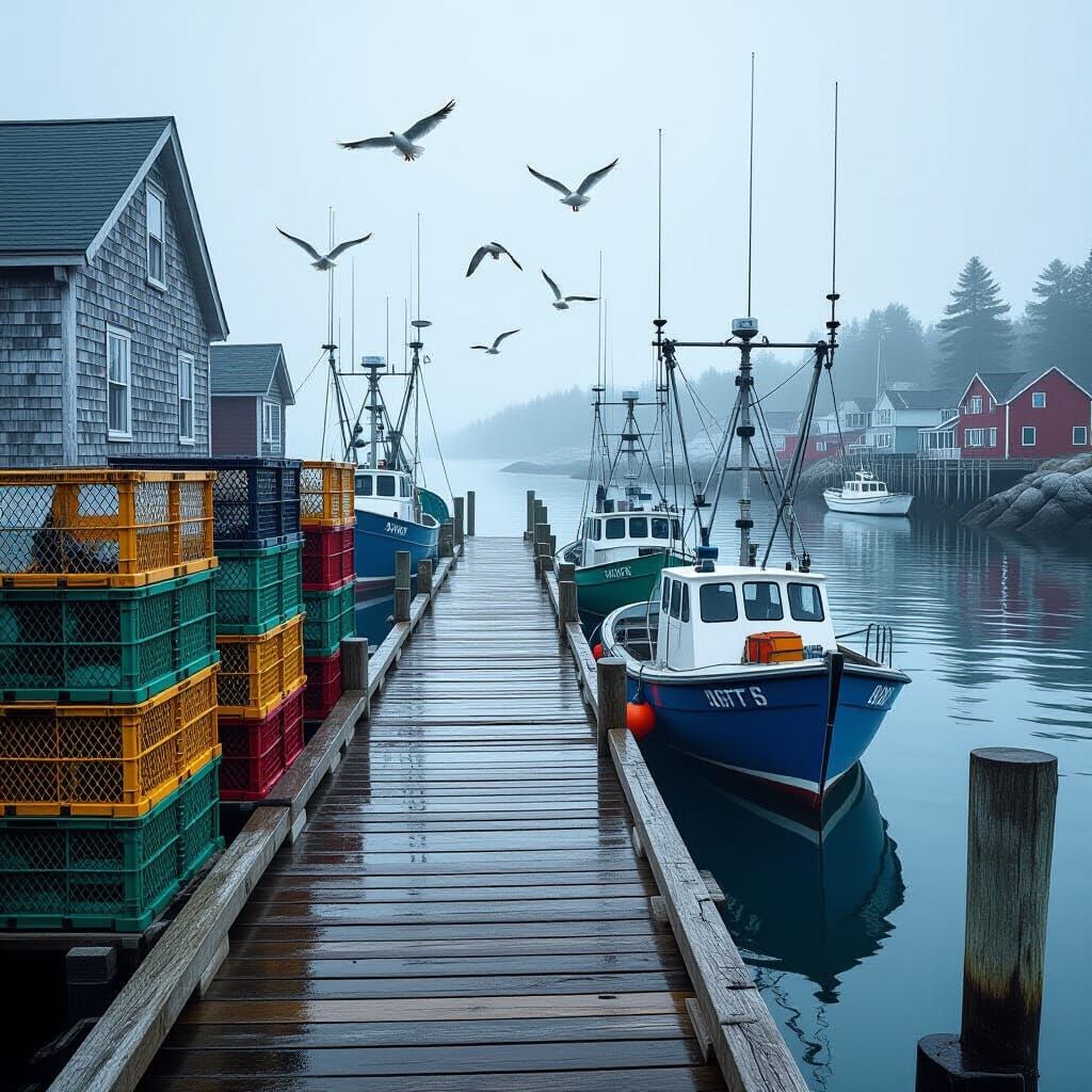 Maine Fishing Boats at Pier in Atmospheric Digital Painting