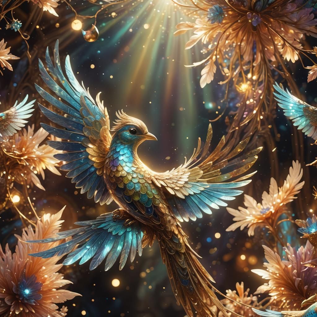 Astral Bird with Iridescent Feathers in Cosmic Art Style