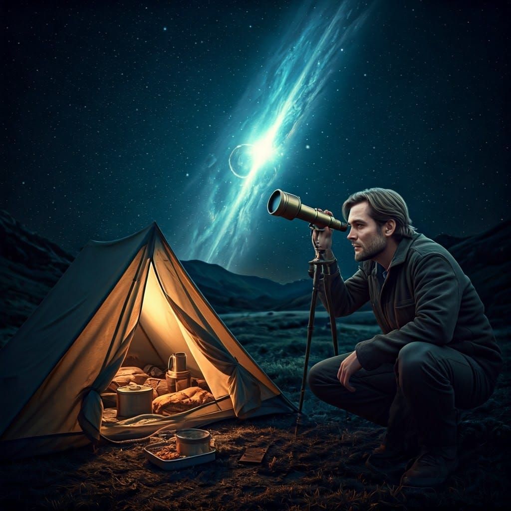 Man Contemplates Nebula Through Telescope Under Starry Night