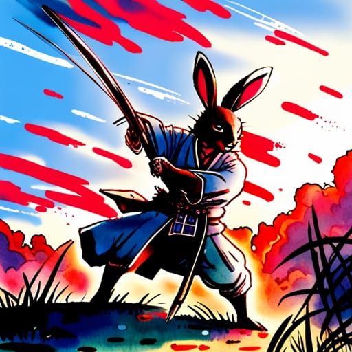 Rabbit Samurai with Katana in Anime Style