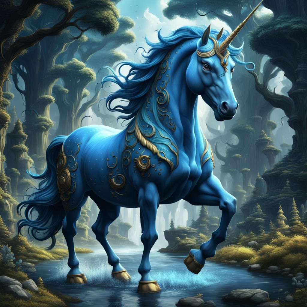 Cartoonish Blue Unicorn Fantasy Concept Art