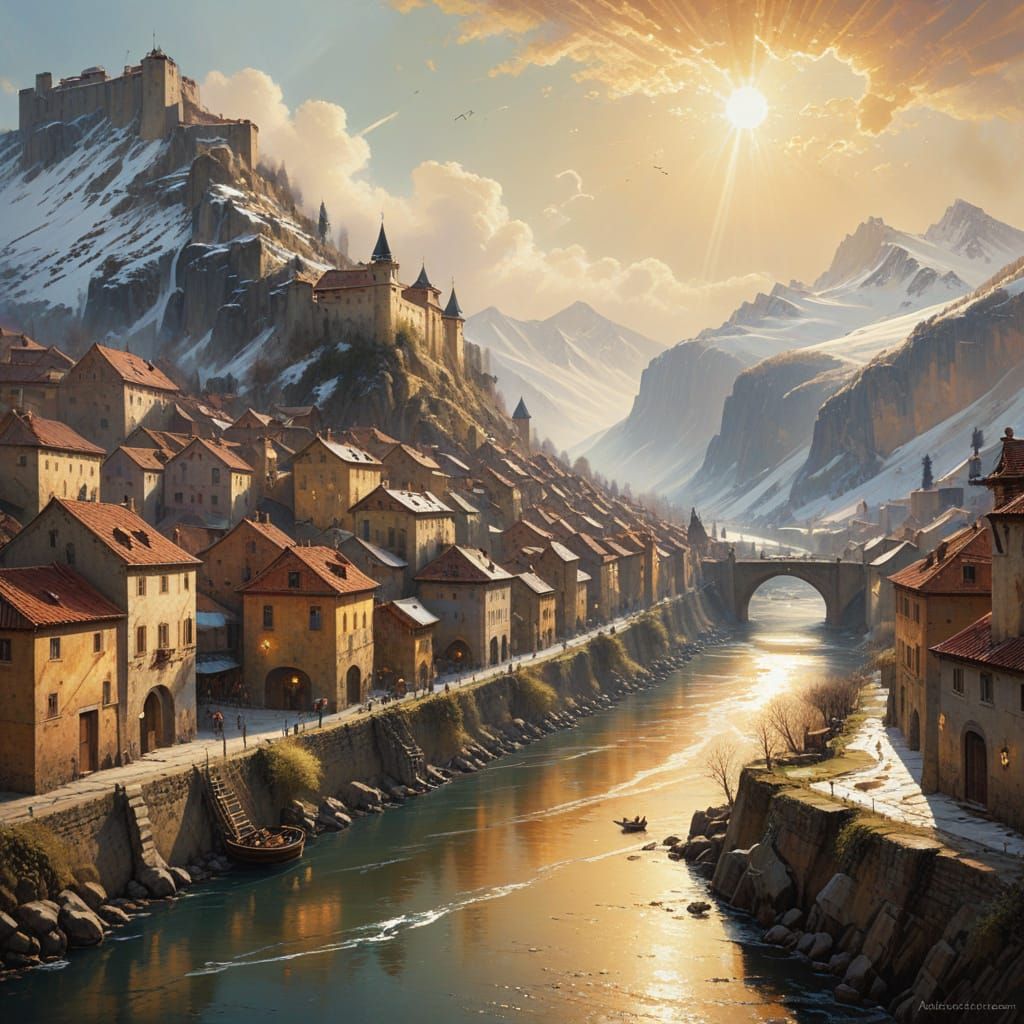 Baroque Cityscape Beneath Snowy Alps