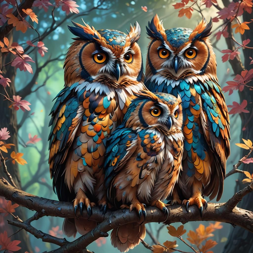 3 cute colorful fluffy owls sitting on a branch.