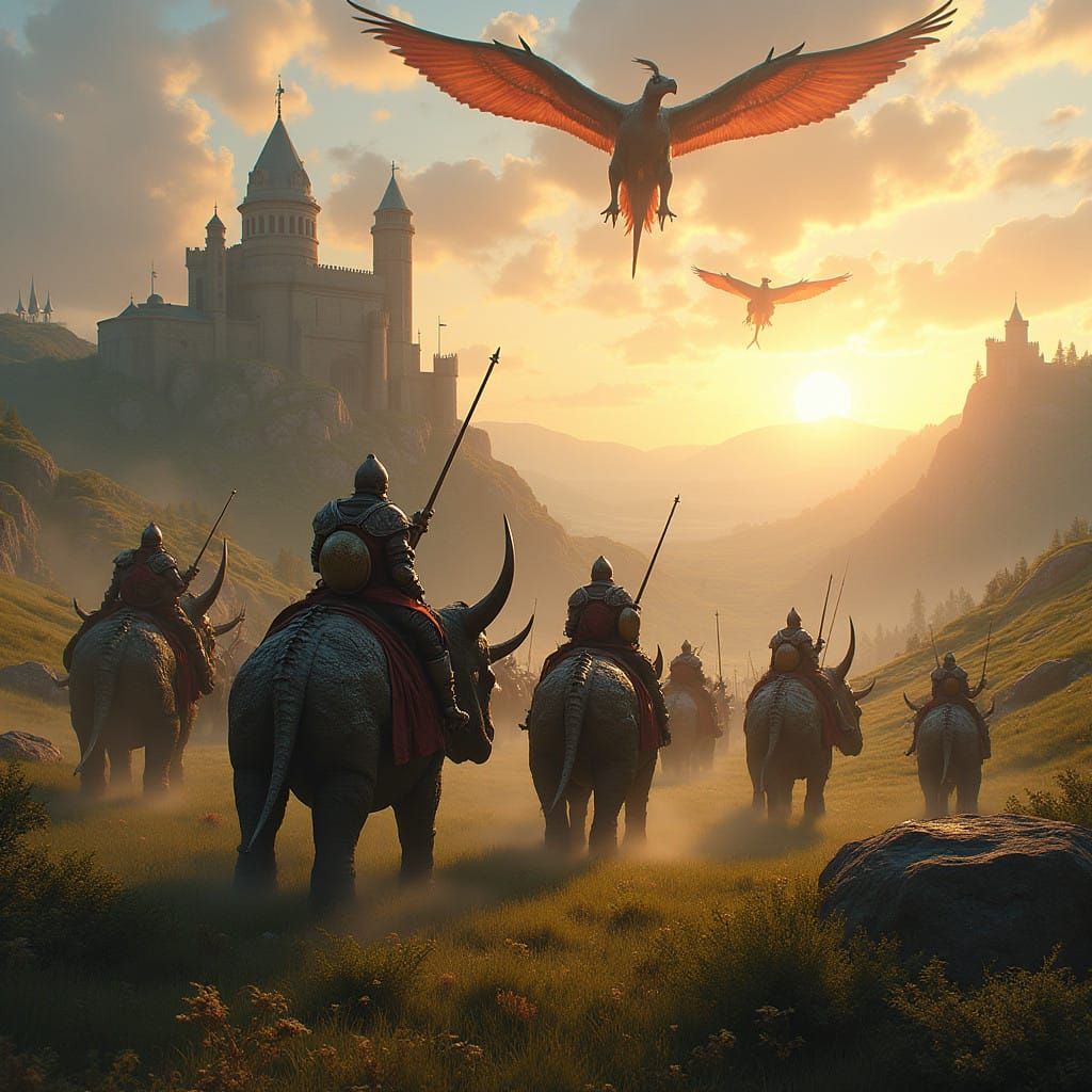 Medieval Triceratops Knights Battle in a Fantastical Landsca...