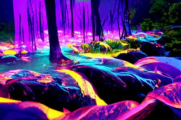 Fantasy Forest with Glowing Rivers, Hyperrealistic 3D Render