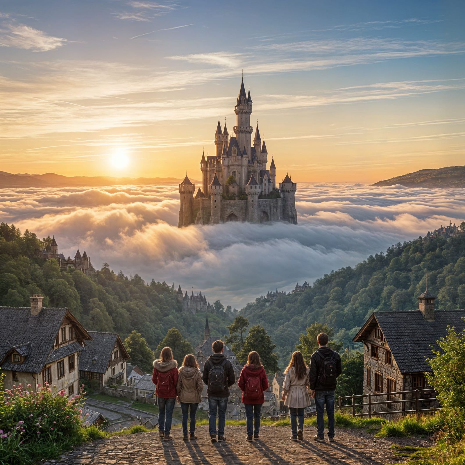 Floating Castle at Sunrise Over Village