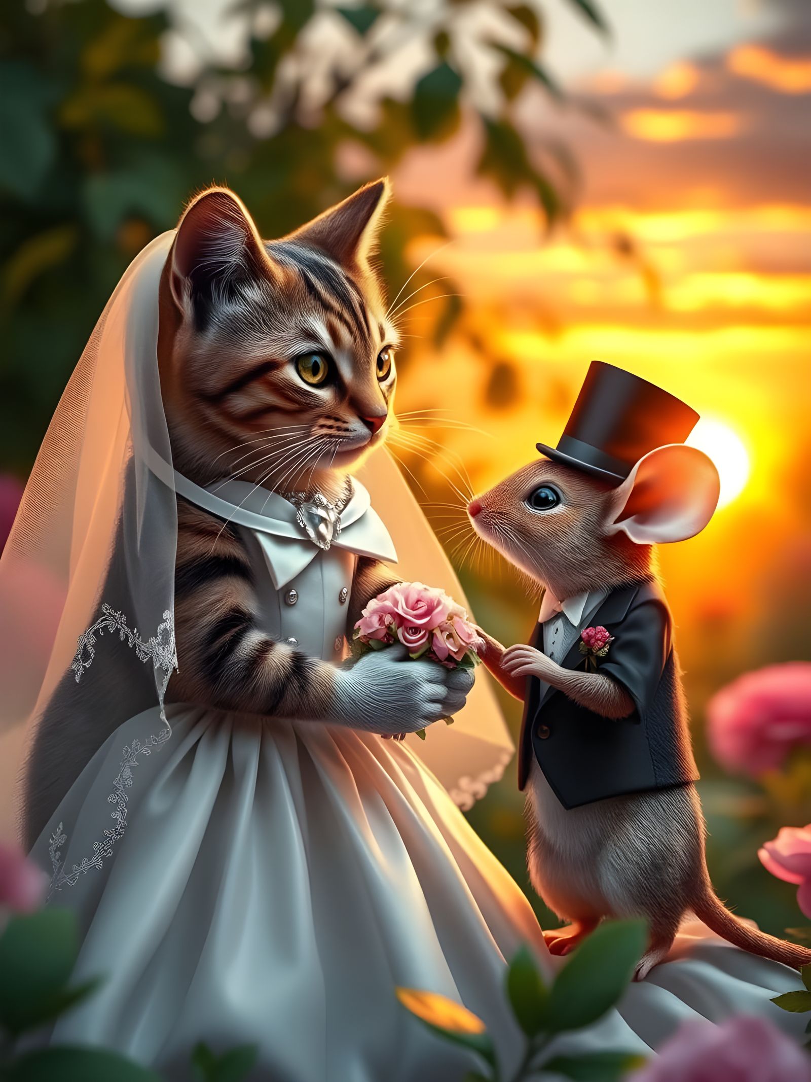 Whimsical Feline Union at Sunset