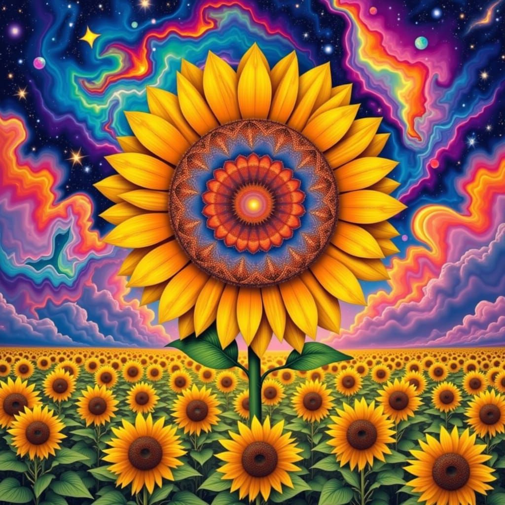 Psychedelic Sunflower Mandala Landscape with Rainbow Clouds