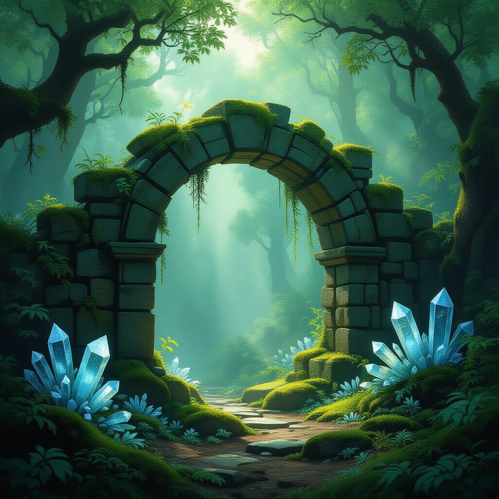 Misty Forest Archway with Alien Flora and Crystal Structures