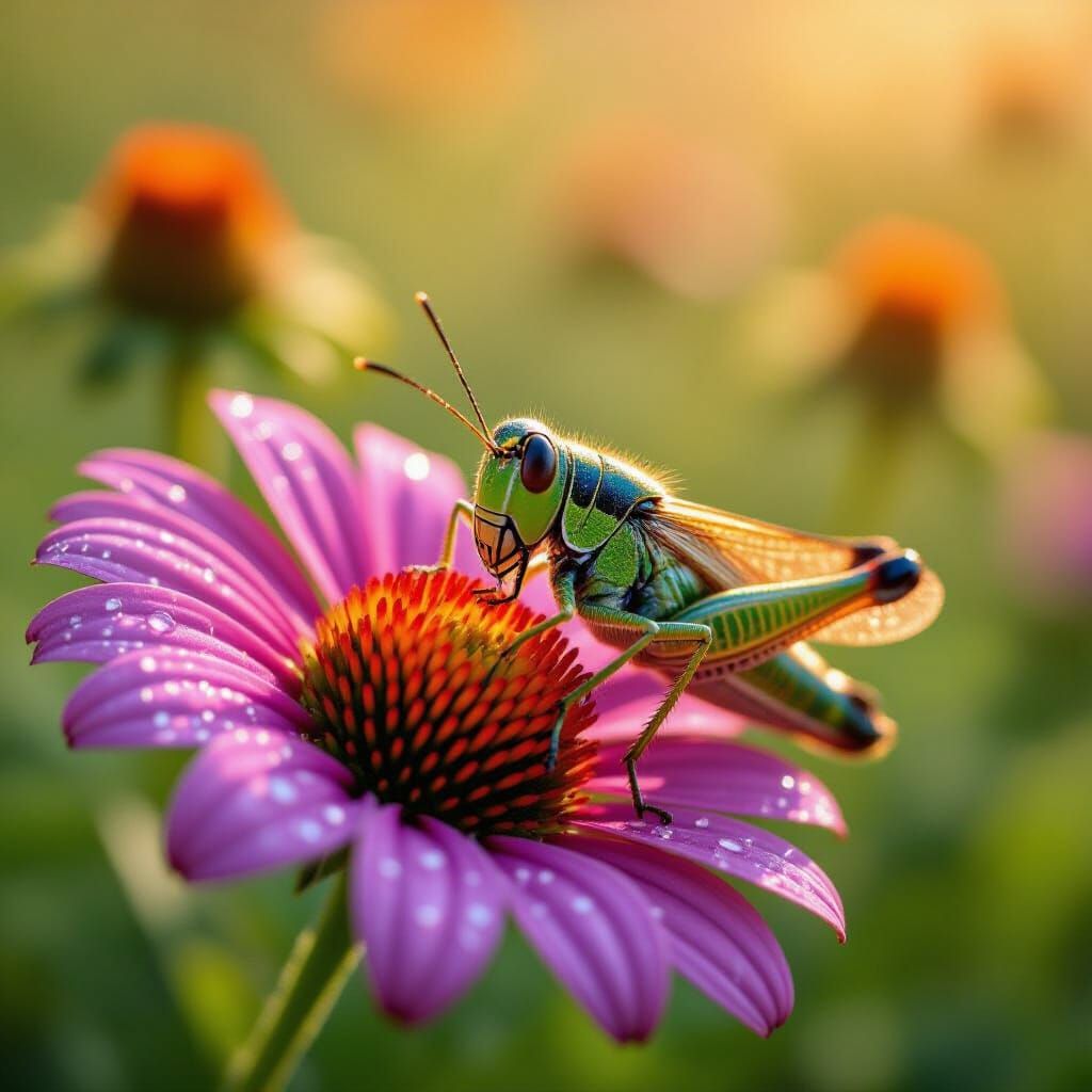 Macro Photo of Grasshopper Eating Flowers in Golden Hour