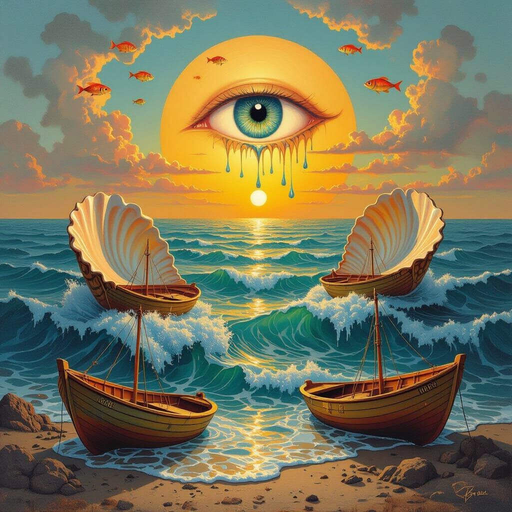 Surreal Ocean Scene in Dalí-Inspired Oil Painting