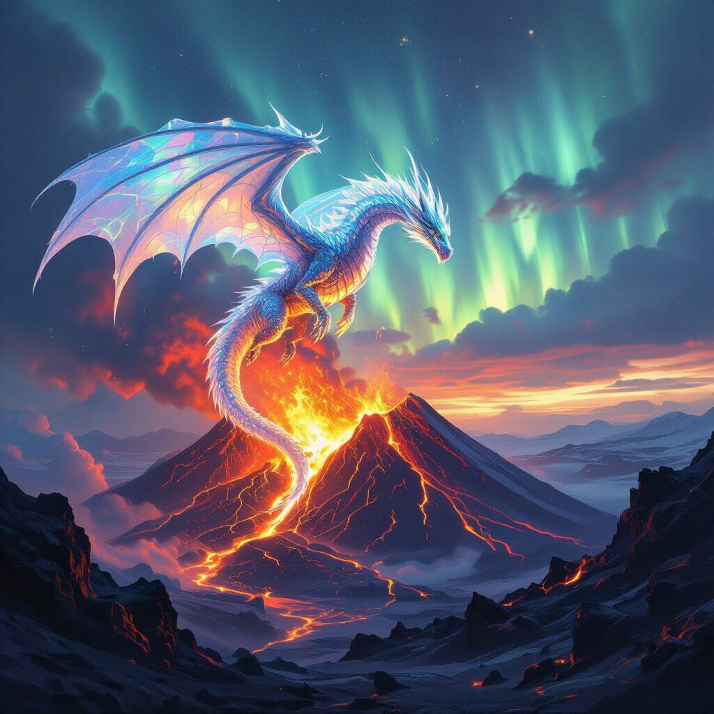 Crystal Dragon Over Erupting Volcano in Iceland