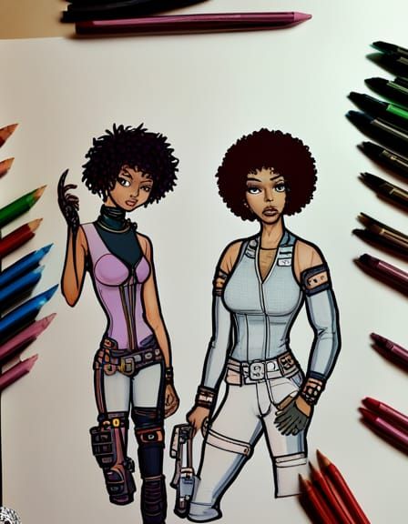 (COLORING PAGE) AFRO BLACK AND ASIAN_FEMALE AND MALE_CYBER P...
