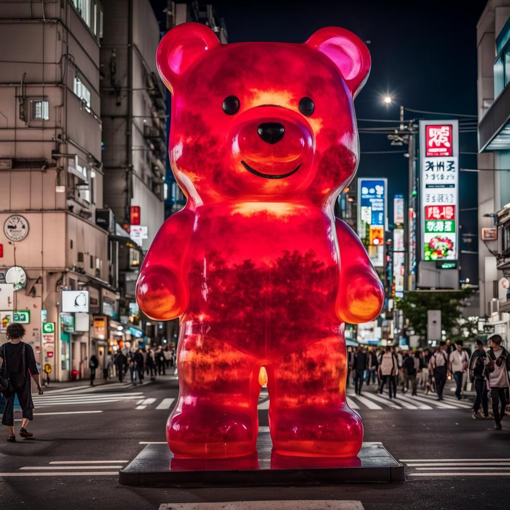 Giant Gummy Bear Walks Through Tokyo Night