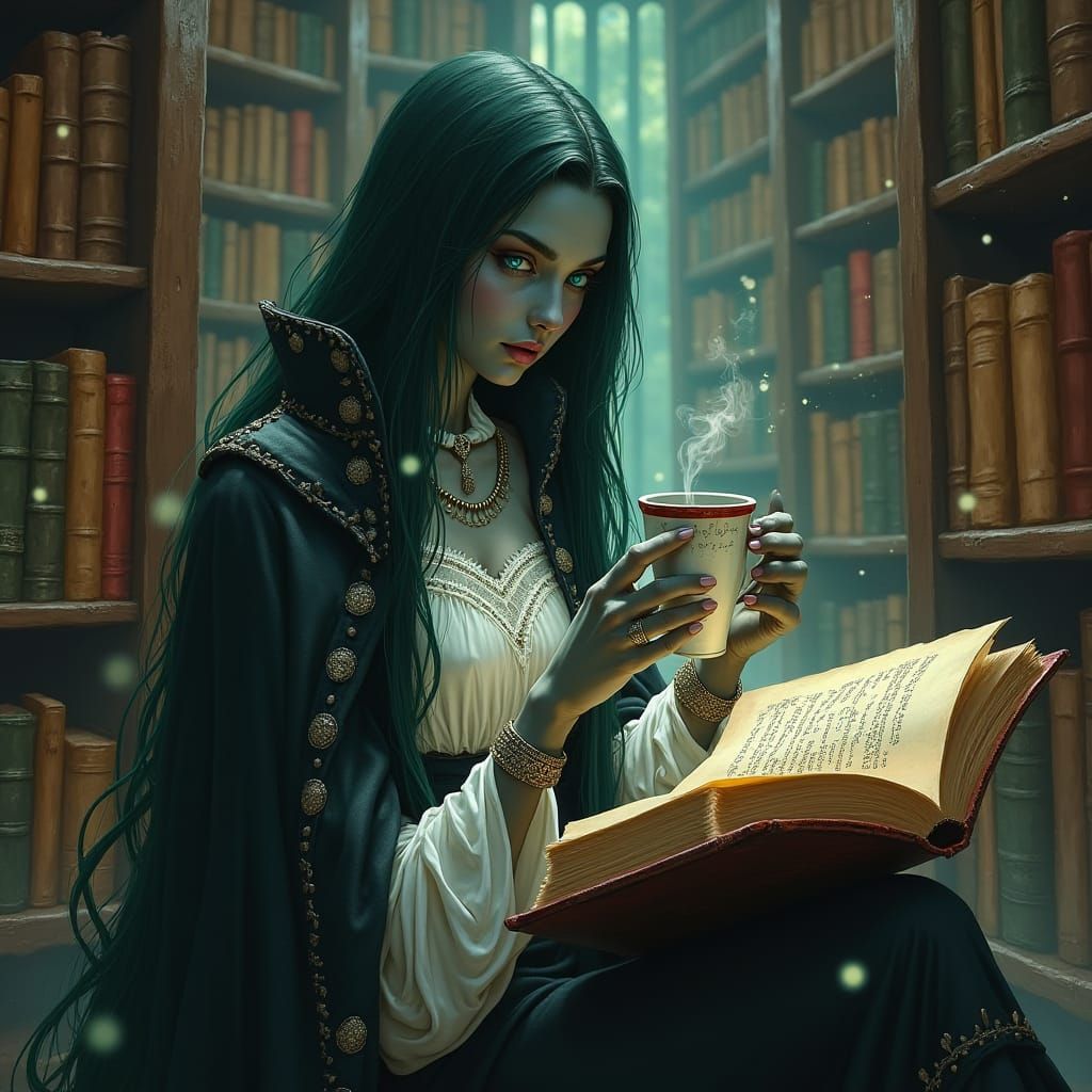 Drow Elf Bookworm in Mystical Library