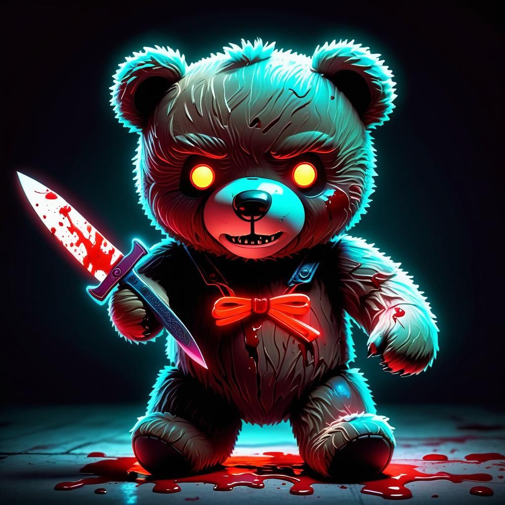 Neon Horror: Adorable Teddy Bear with Bloody Knife