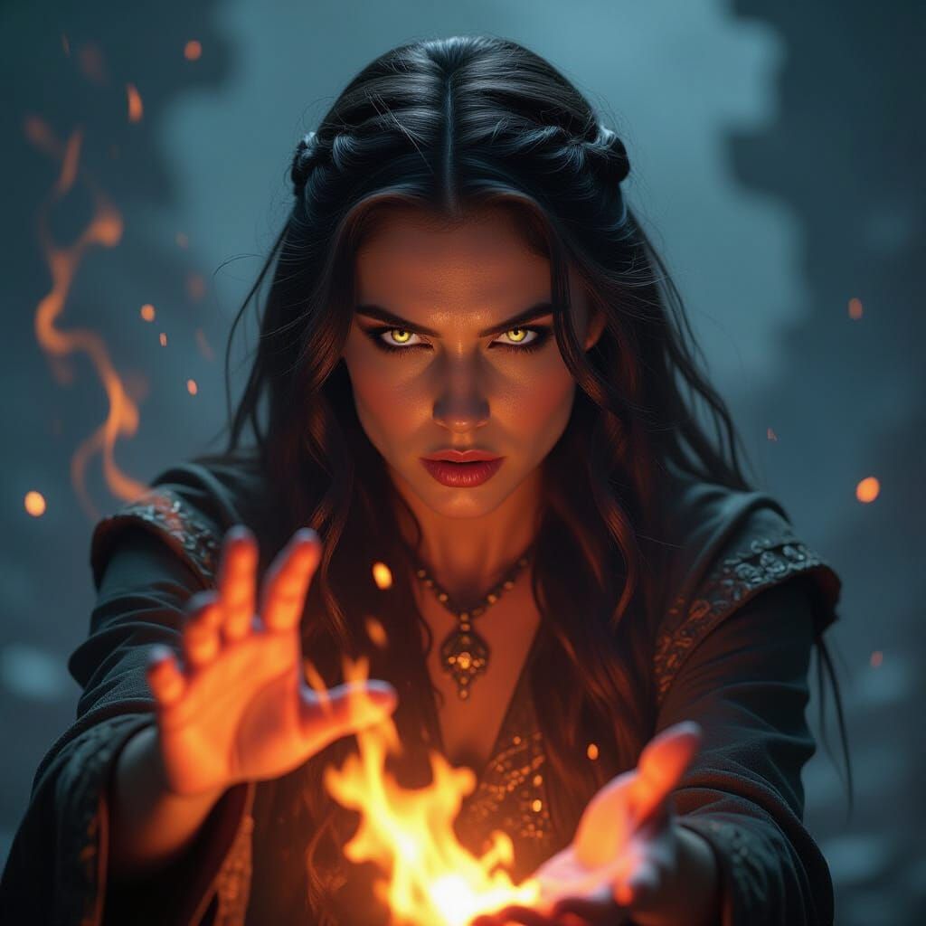 Sorceress Channels Primal Energy in Dark Fantasy Spell