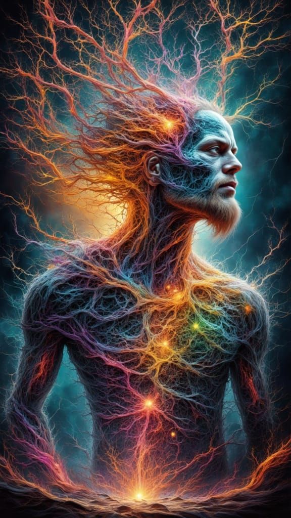 Fractal Faced Man with Rainbow Lightning, X-Ray Art