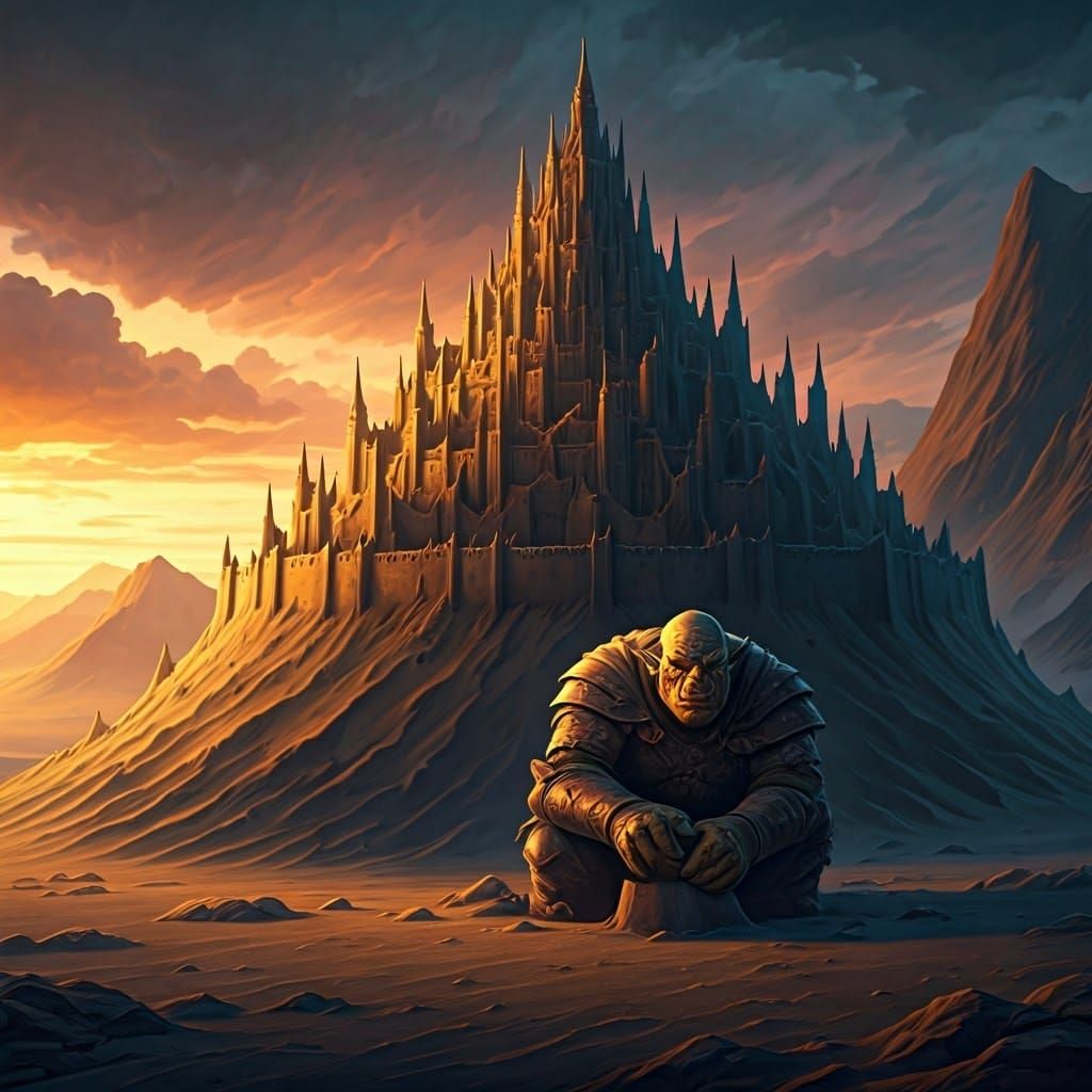 Orc Builds Minas Tirith Sandcastle: Hyperrealistic Concept A...