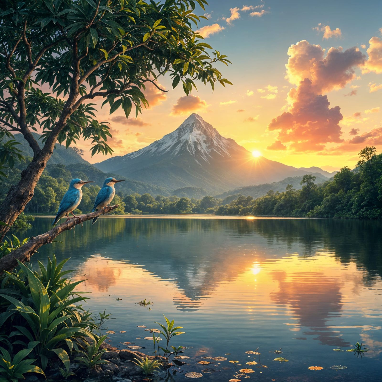 Tropical Sunset Landscape with Majestic Mountains and Exotic...