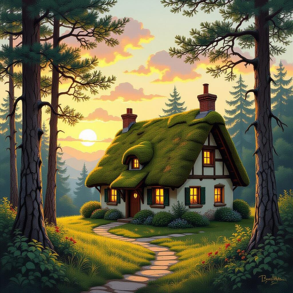 Cozy Cottage at Sunset in Romantic Illustrative Style