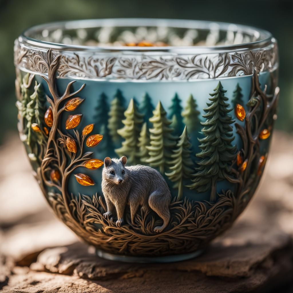 Artistic Carved Cup with Mouse Theme and Amber Accents