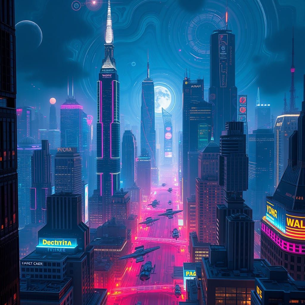 Futuristic New York Cityscape in Kaleidoscope of Colors