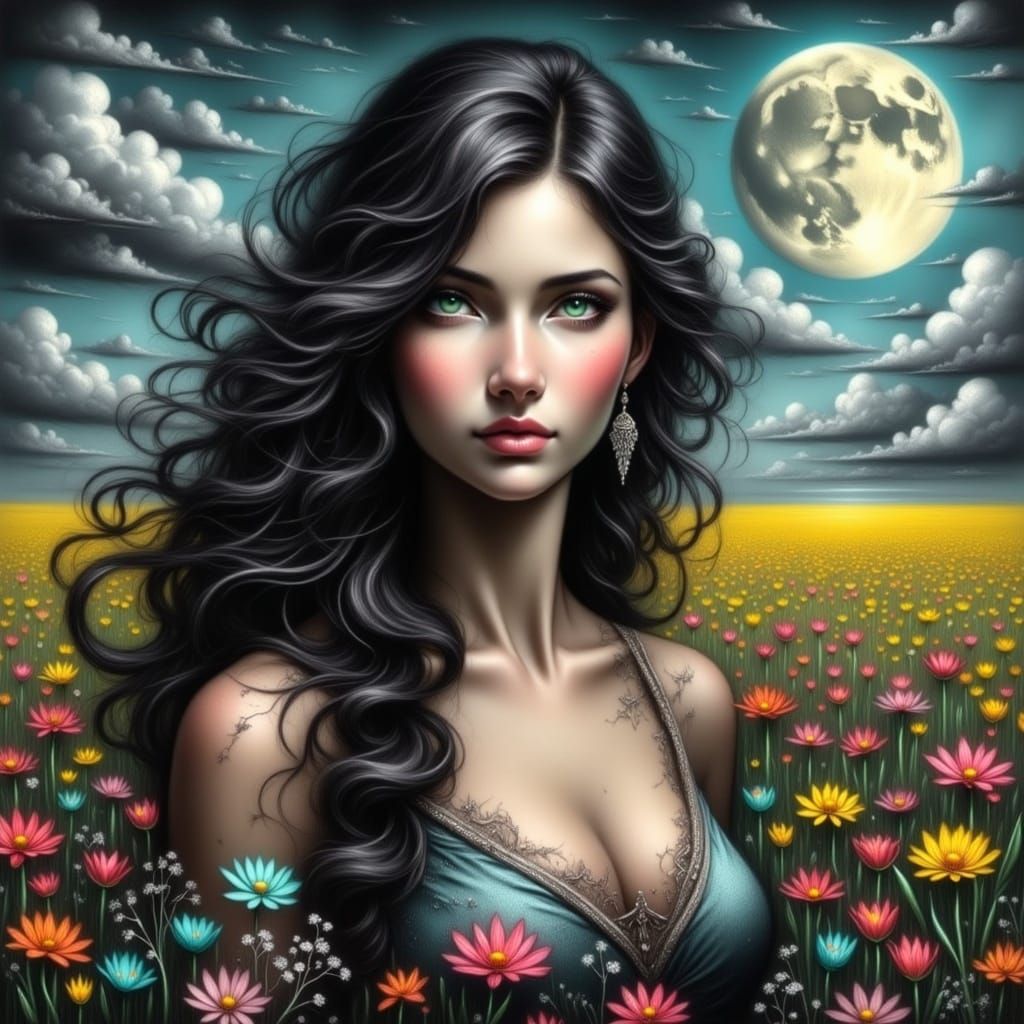 Woman in Floral Field under Moonlight