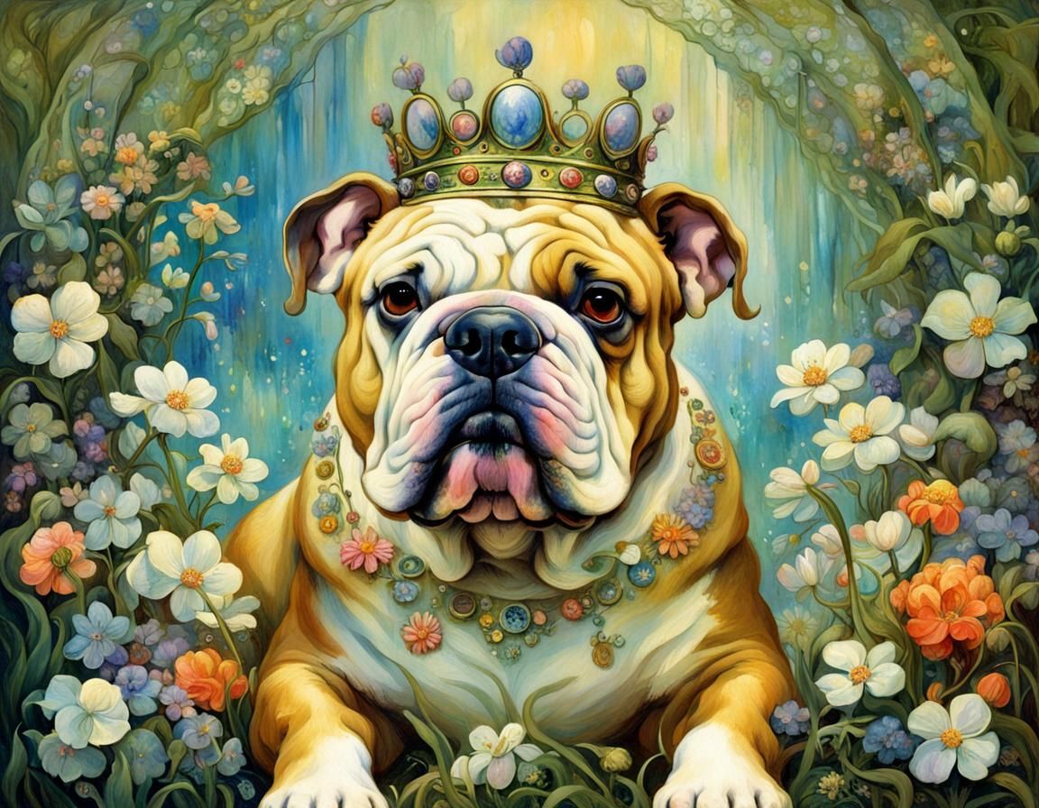 Bulldog with Flower Crown in Art Nouveau Style