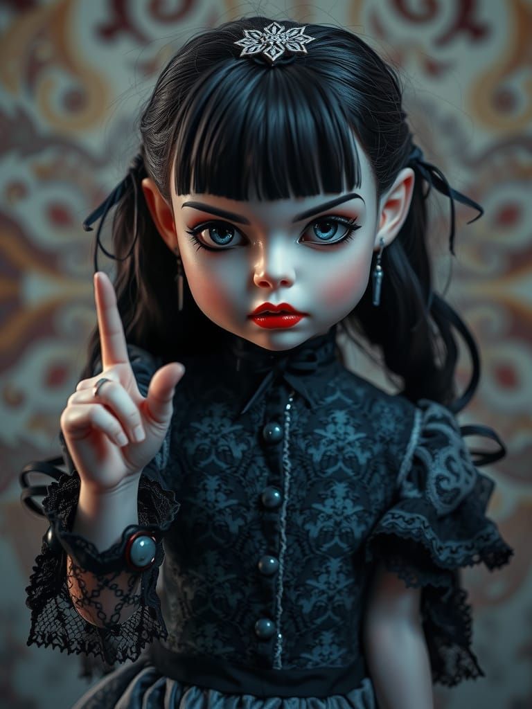 Gothic Doll Commands Silence in Hyperrealistic Style