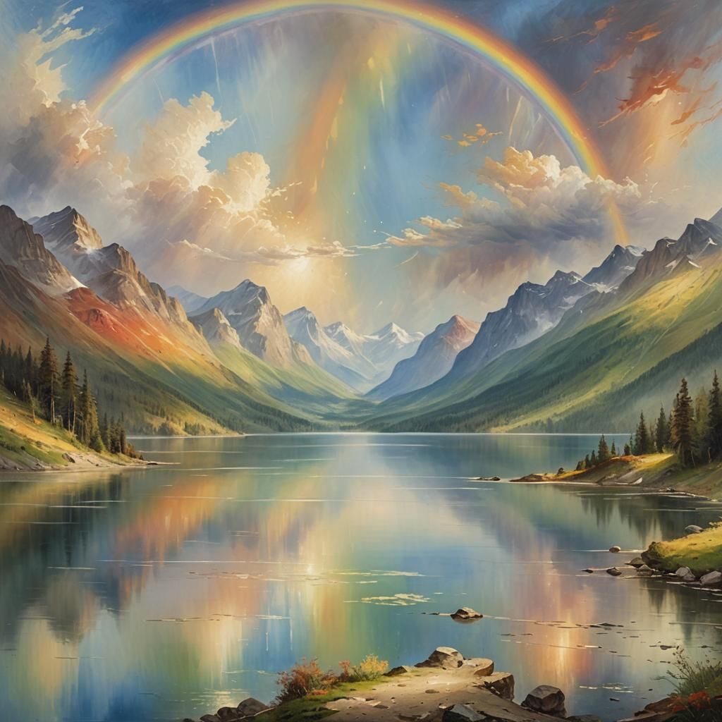 Mountain Lake Rainbow in Oil Painting Style