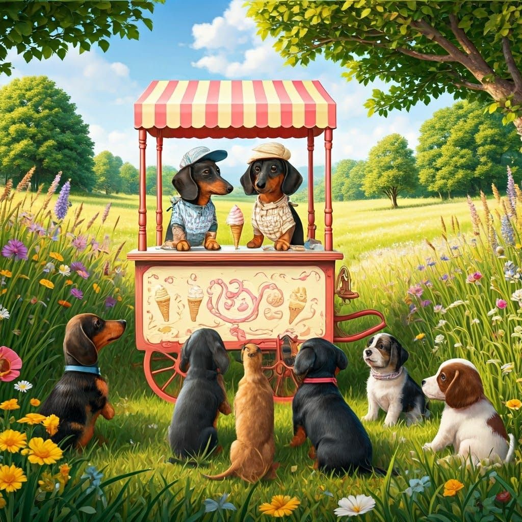 Whimsical Dachshund Ice Cream Vendors in a Lush Meadow