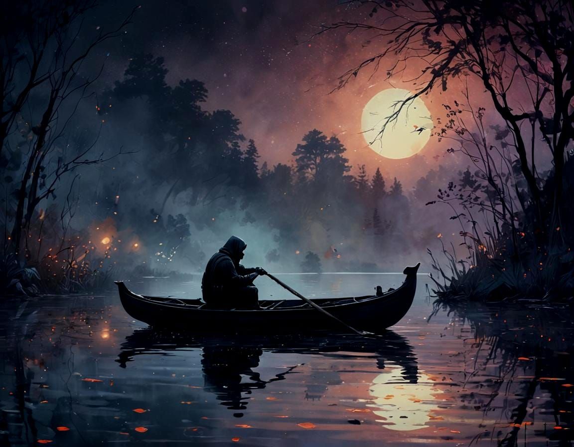 The Grim Reaper Rows on a Misty Lake